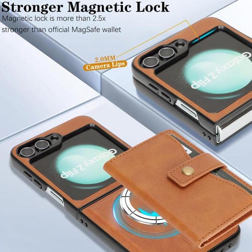 Funda de cuero con anillo MagSafe y botón magnético para Samsung Galaxy Z Flip6 (marrón)