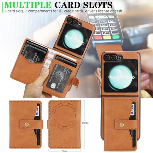 Funda de cuero con anillo MagSafe y botón magnético para Samsung Galaxy Z Flip6 (marrón)