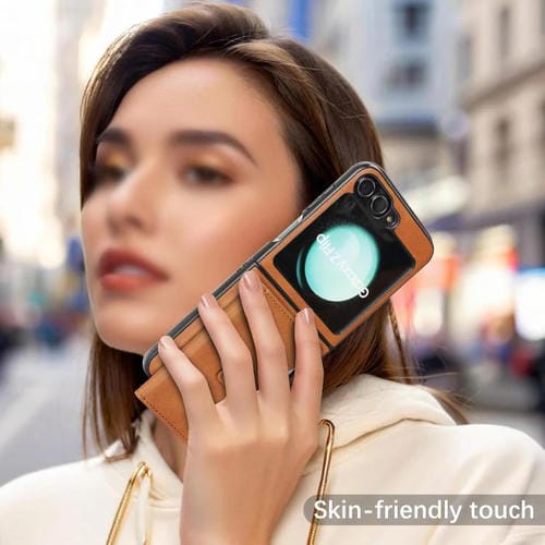 Funda de cuero con anillo MagSafe y botón magnético para Samsung Galaxy Z Flip6 (marrón)