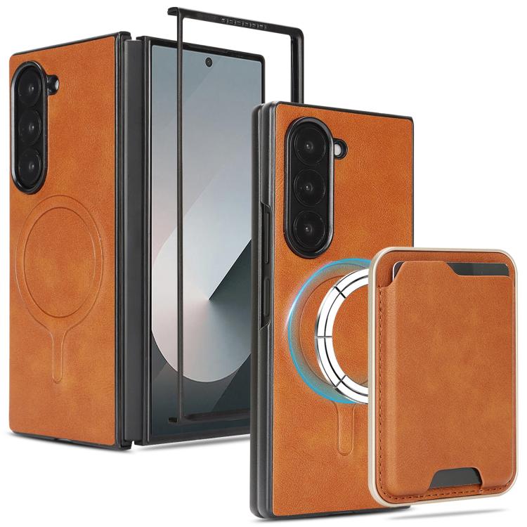 Funda de cuero con anillo magnético Kalebol Slim MagSafe para Samsung Galaxy Z Fold7 (marrón)