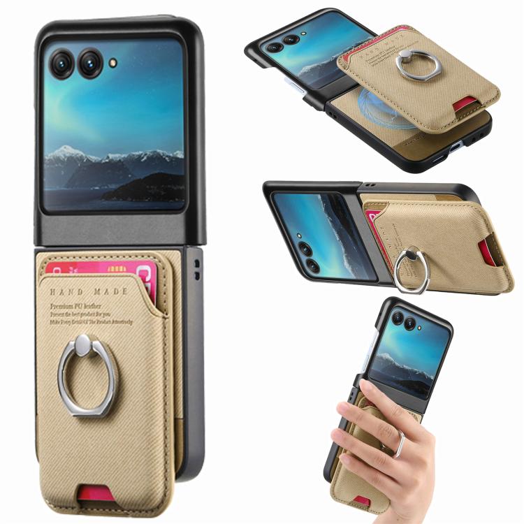 Funda magnética para Motorola Moto Razr 40 Ultra, de tela sarga, con anillo para tarjetas (caqui)