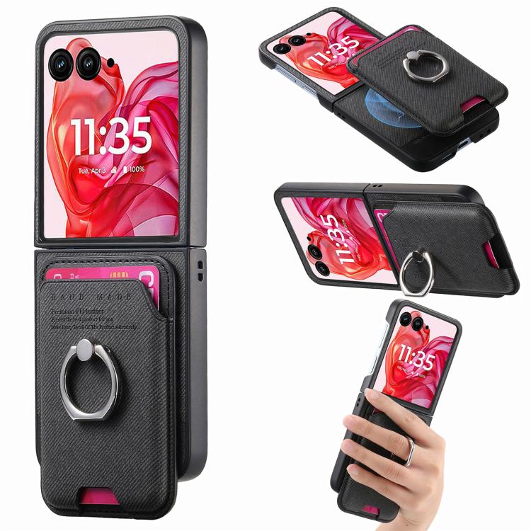 Funda magnética con anillo para Motorola Moto Razr 50 Ultra, de tela sarga, color negro
