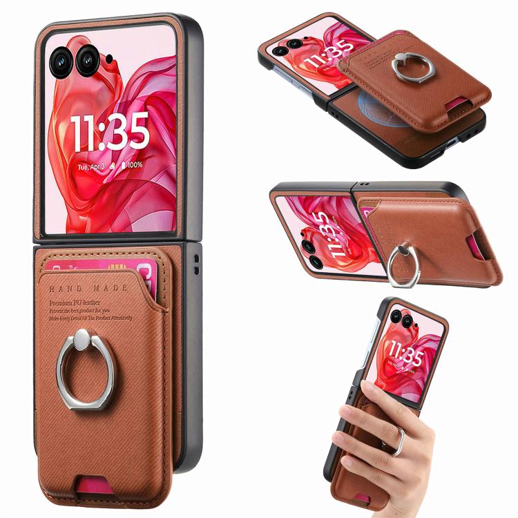 Funda magnética para Motorola Moto Razr 50 Ultra, de tela sarga, con anillo para tarjetas (marrón)