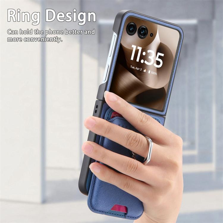 Funda magnética con anillo para Motorola Moto Razr 60 Ultra, de tela sarga, con ranuras para tarjetas (azul)
