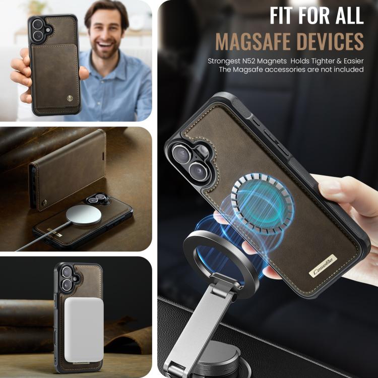 Funda de cuero desmontable CaseMe C49 con bloqueo RFID MagSafe para iPhone 16 Plus (café)
