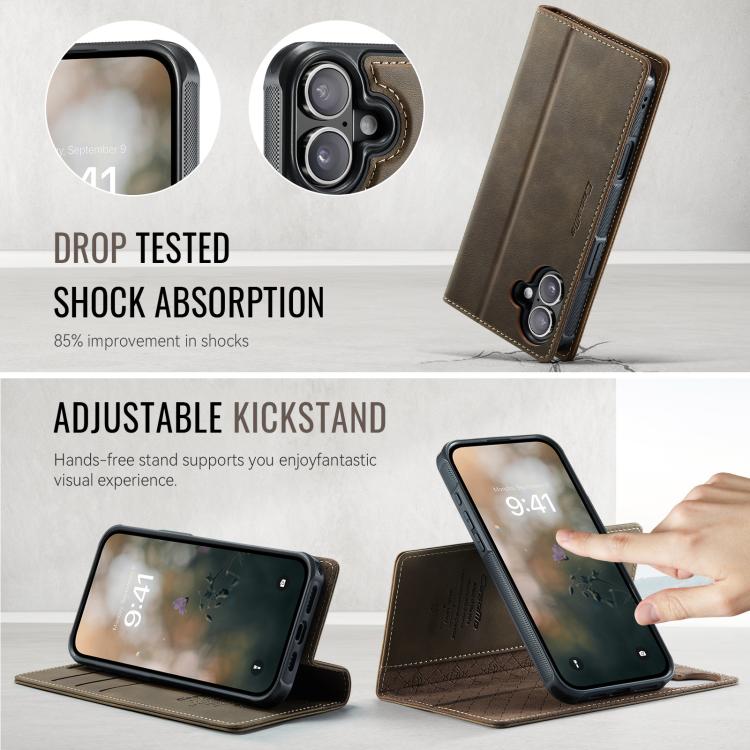 Funda de cuero desmontable CaseMe C49 con bloqueo RFID MagSafe para iPhone 16 Plus (café)