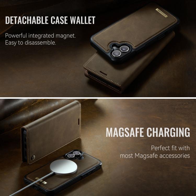 Funda de cuero desmontable CaseMe C49 con bloqueo RFID MagSafe para iPhone 16 Plus (café)