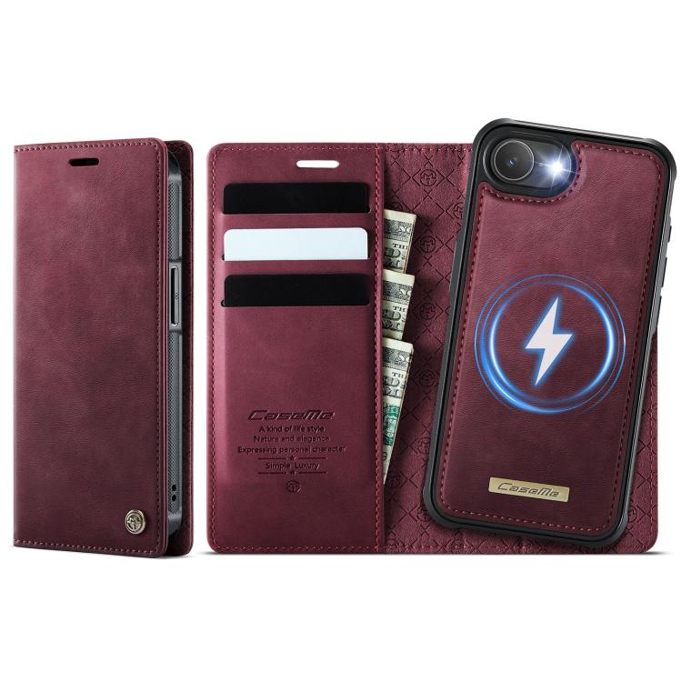Funda de cuero desmontable CaseMe C49 con bloqueo RFID MagSafe para iPhone 16e (roja)