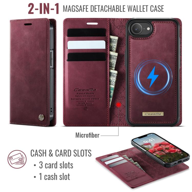 Funda de cuero desmontable CaseMe C49 con bloqueo RFID MagSafe para iPhone 16e (roja)