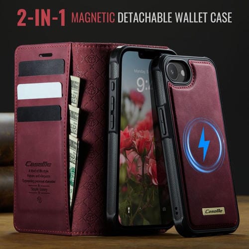 Funda de cuero desmontable CaseMe C49 con bloqueo RFID MagSafe para iPhone 16e (roja)