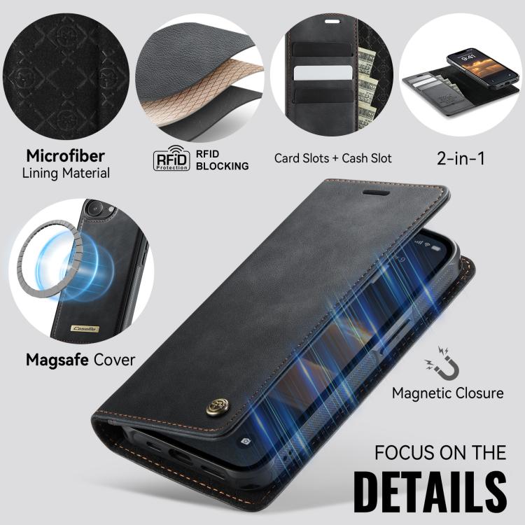 Funda de cuero desmontable CaseMe C49 con bloqueo RFID MagSafe para iPhone 16e (negra)