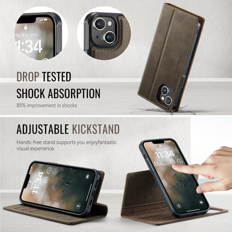 Funda de cuero desmontable CaseMe C49 con bloqueo RFID MagSafe para iPhone 14 (café)