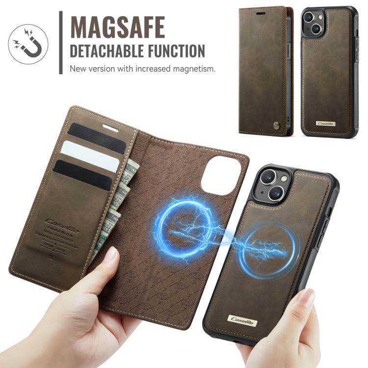 Funda de cuero desmontable CaseMe C49 con bloqueo RFID MagSafe para iPhone 14 (café)