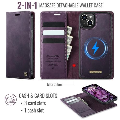 Funda de cuero desmontable CaseMe C49 con bloqueo RFID MagSafe para iPhone 14 (morado)