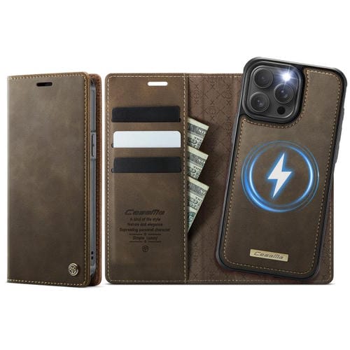 Funda de cuero desmontable CaseMe C49 con bloqueo RFID MagSafe para iPhone 14 Pro Max (café)