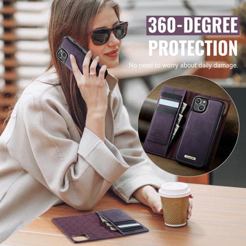 Funda de cuero desmontable CaseMe C49 con bloqueo RFID MagSafe para iPhone 13 (morado)