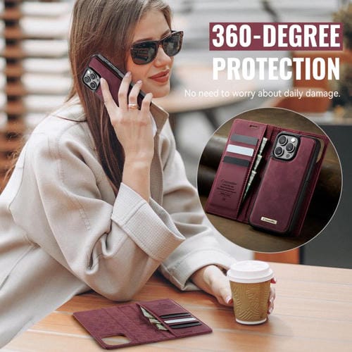 Funda de cuero desmontable CaseMe C49 con bloqueo RFID MagSafe para iPhone 13 Pro Max (roja)