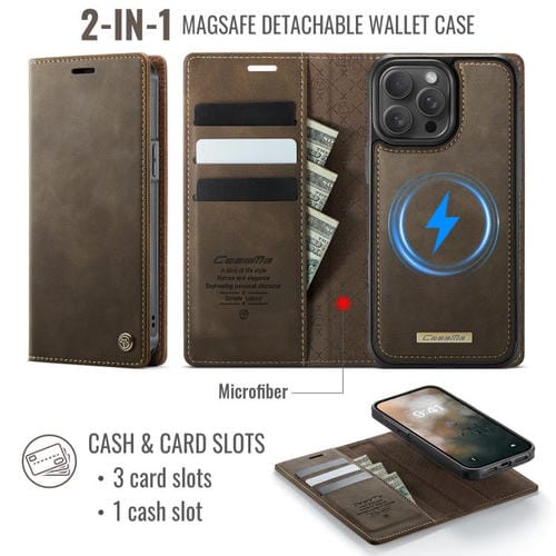 Funda de cuero desmontable CaseMe C49 con bloqueo RFID MagSafe para iPhone 13 Pro Max (café)