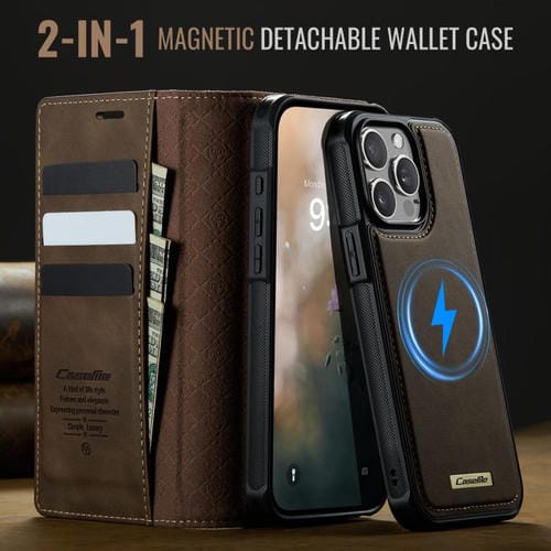 Funda de cuero desmontable CaseMe C49 con bloqueo RFID MagSafe para iPhone 13 Pro Max (café)