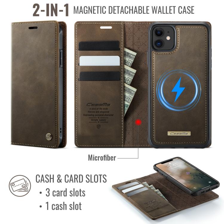 Funda de cuero desmontable CaseMe C49 con bloqueo RFID MagSafe para iPhone 11 (café)