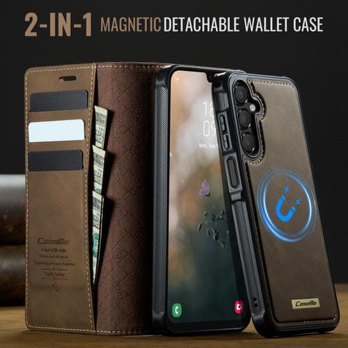 Funda de cuero desmontable con bloqueo RFID magnético CaseMe C49 para Samsung Galaxy A15 (café)