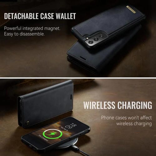 Funda de cuero desmontable CaseMe C49 con bloqueo RFID magnético para Samsung Galaxy S21 FE 5G (negra)