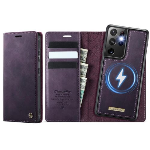 Funda de cuero desmontable CaseMe C49 con bloqueo RFID magnético para Samsung Galaxy S21 Ultra 5G (morado)