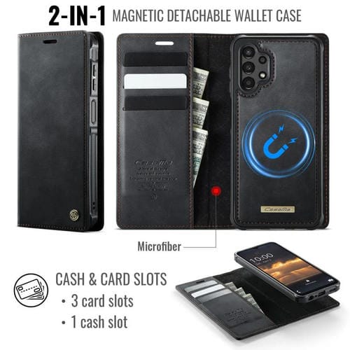 Funda de cuero desmontable CaseMe C49 con bloqueo RFID magnético para Samsung Galaxy A13/A04s (negra)