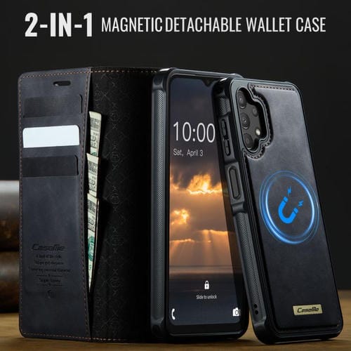 Funda de cuero desmontable CaseMe C49 con bloqueo RFID magnético para Samsung Galaxy A13/A04s (negra)