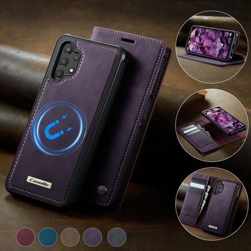 Funda de cuero desmontable CaseMe C49 con bloqueo RFID magnético para Samsung Galaxy A13/A04s (morado)