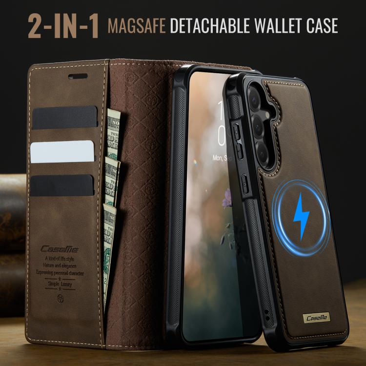 Funda de cuero desmontable con bloqueo RFID magnético CaseMe C49 para Samsung Galaxy S24 FE 5G (café)