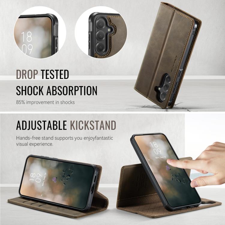 Funda de cuero desmontable con bloqueo RFID magnético CaseMe C49 para Samsung Galaxy S24 FE 5G (café)