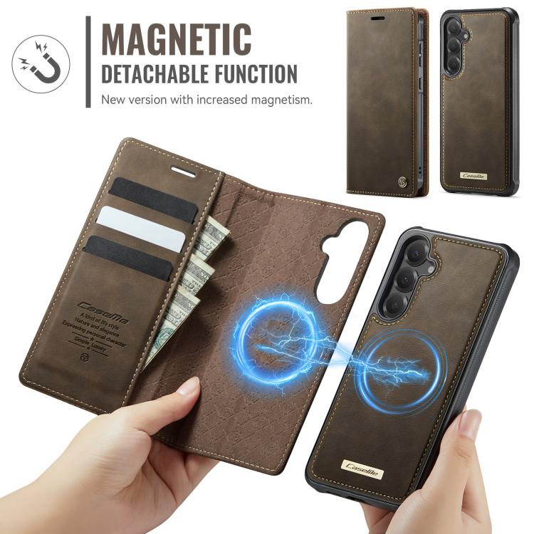 Funda de cuero desmontable con bloqueo RFID magnético CaseMe C49 para Samsung Galaxy S24 FE 5G (café)