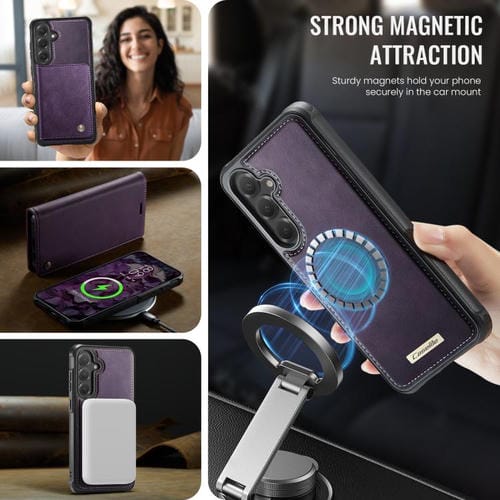 Funda de cuero desmontable con bloqueo RFID magnético para Samsung Galaxy S24 FE 5G CaseMe C49 (morado)