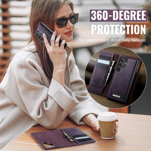 Funda de cuero desmontable con bloqueo RFID magnético para Samsung Galaxy S24 Ultra 5G CaseMe C49 (morado)