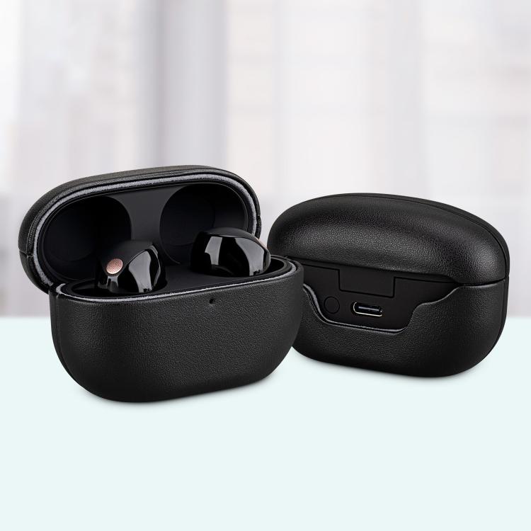 Funda protectora de cuero genuino granulado para auriculares Bluetooth Sony WF-1000XM5 (color cereza rojizo)