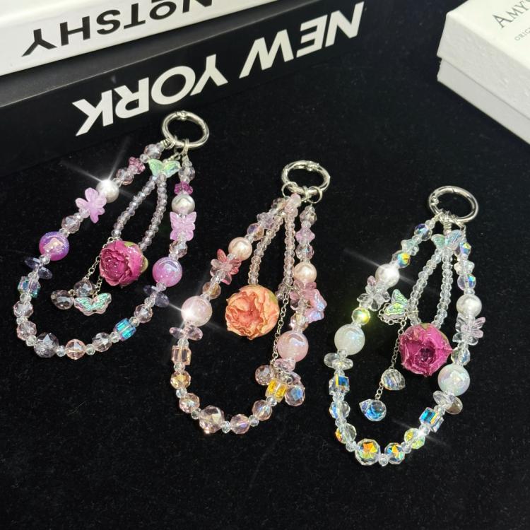Cadena para teléfono móvil de doble capa con borlas de rosas y flores reales