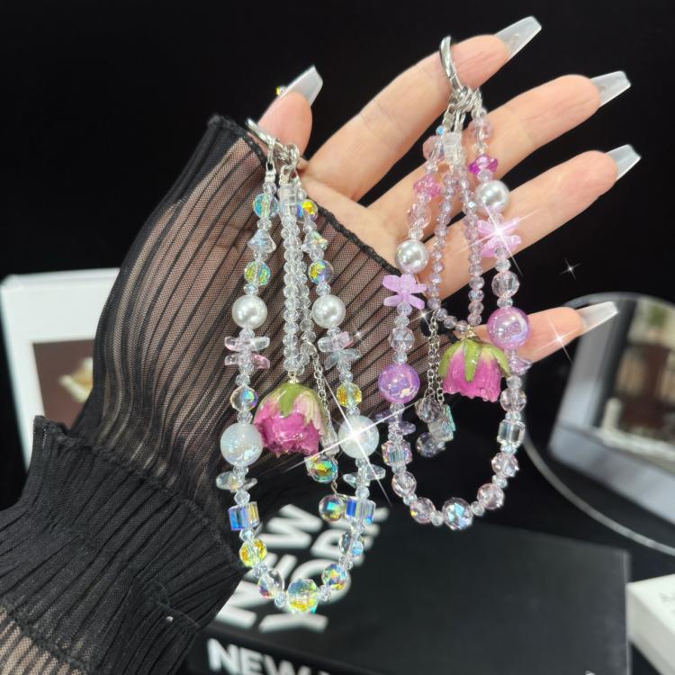 Cadena para teléfono móvil de doble capa con flor real rosa