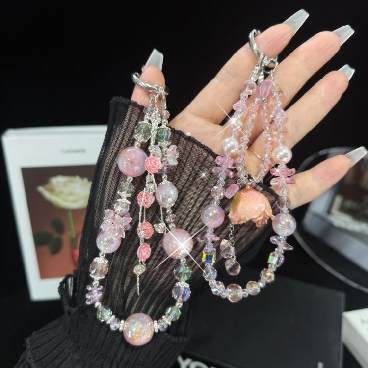 Cadena para teléfono móvil de doble capa con borlas de rosas y flores reales