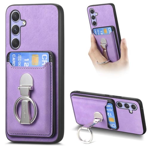 Funda retro plegable con anillo y tarjetero MagSafe para Samsung Galaxy A14 4G/5G (morado)