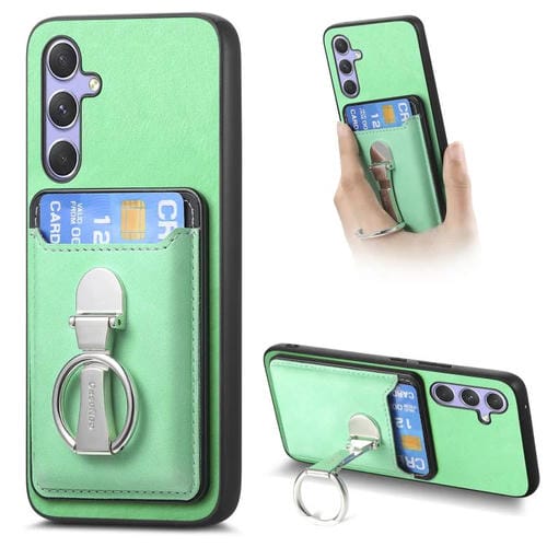 Funda retro plegable con anillo y tarjetero MagSafe para Samsung Galaxy A35 5G (verde)