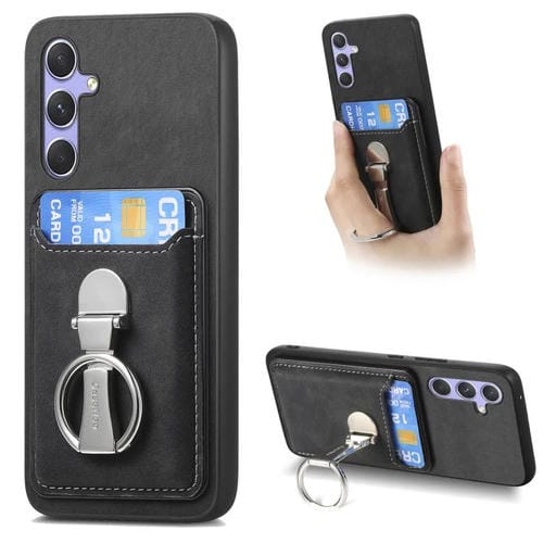 Funda retro plegable con anillo y tarjetero MagSafe para Samsung Galaxy A56 5G (negra)