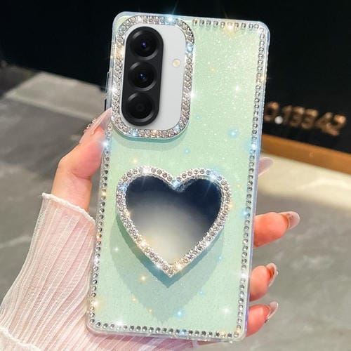 Funda con forma de corazón y espejo con purpurina de diamante para Samsung Galaxy A56 5G (verde claro)
