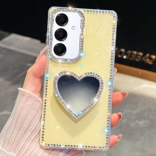Funda con forma de corazón y espejo con purpurina de diamante para Samsung Galaxy A16 5G (amarillo claro)