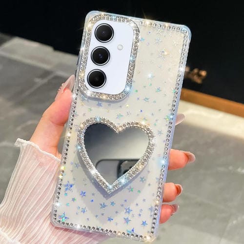Funda para Samsung Galaxy A35 5G con purpurina de diamante y espejo con forma de corazón (estrellas transparentes)