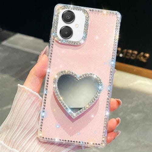 Funda con forma de corazón y espejo con purpurina de diamante para Samsung Galaxy A07 5G (rosa claro)
