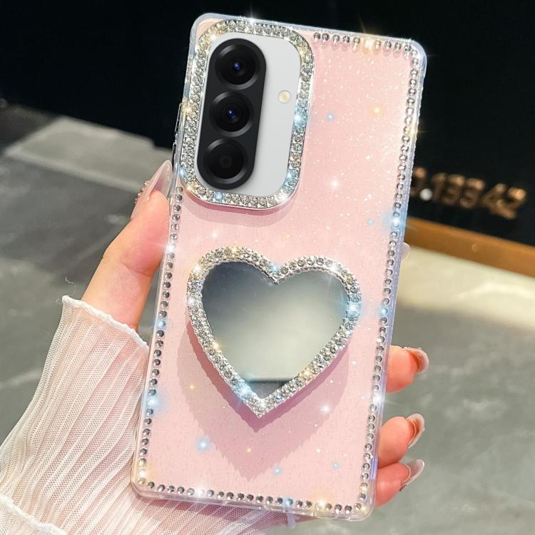 Funda con forma de corazón y espejo con purpurina de diamante para Samsung Galaxy A17 5G (rosa claro)