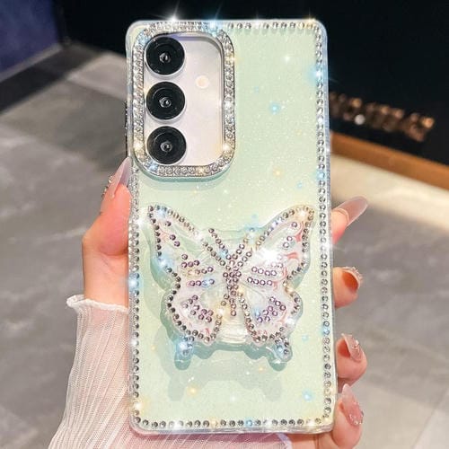 Funda con soporte para Samsung Galaxy A36 5G, diseño de mariposa y diamantes (verde claro)