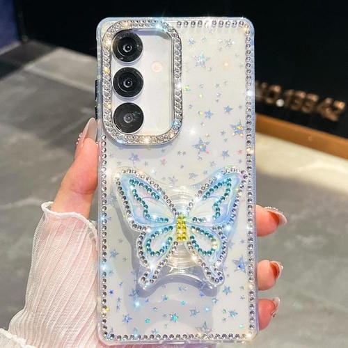 Funda para Samsung Galaxy S25+ 5G con diseño de mariposas y purpurina de diamante (estrellas transparentes)