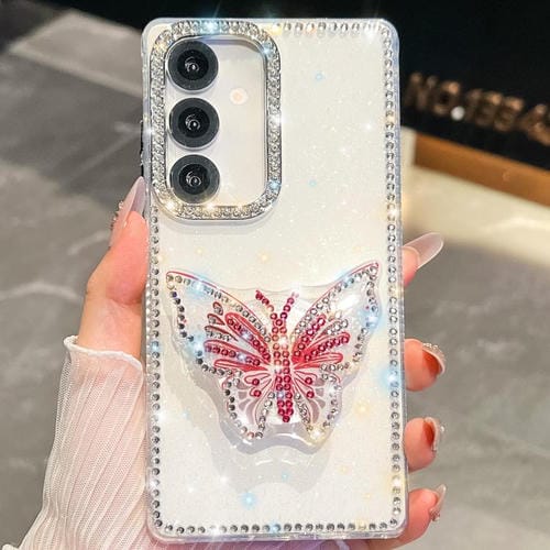 Funda con soporte para Samsung Galaxy S24 FE 5G, diseño de mariposa y diamantes (blanco)